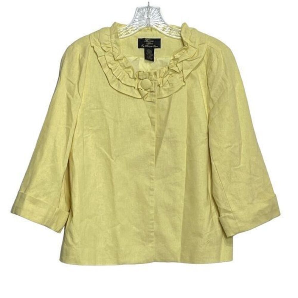 Trenz Petites Ruffle Neck Linen Blend‎ Button Open Jacket Blazer Yellow Size PM